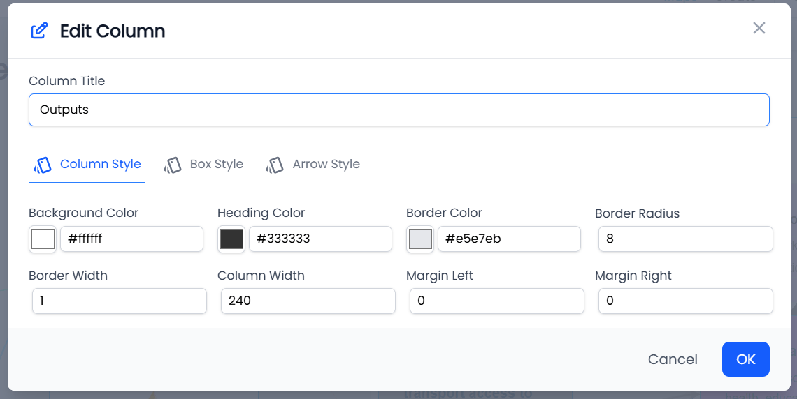 The column edit panel with fields for colours, width and spacing