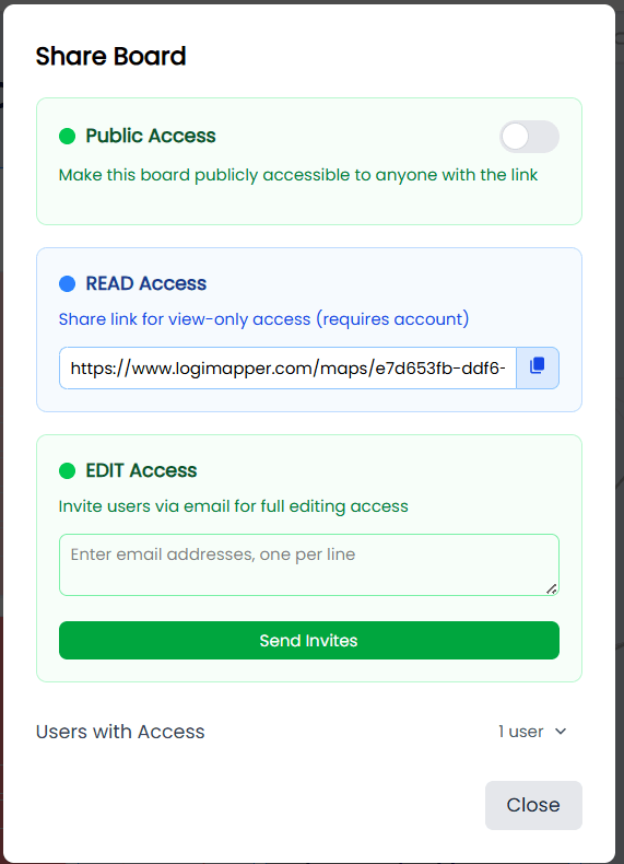 The Share modal showing public-link toggle, access-code generator, and export options