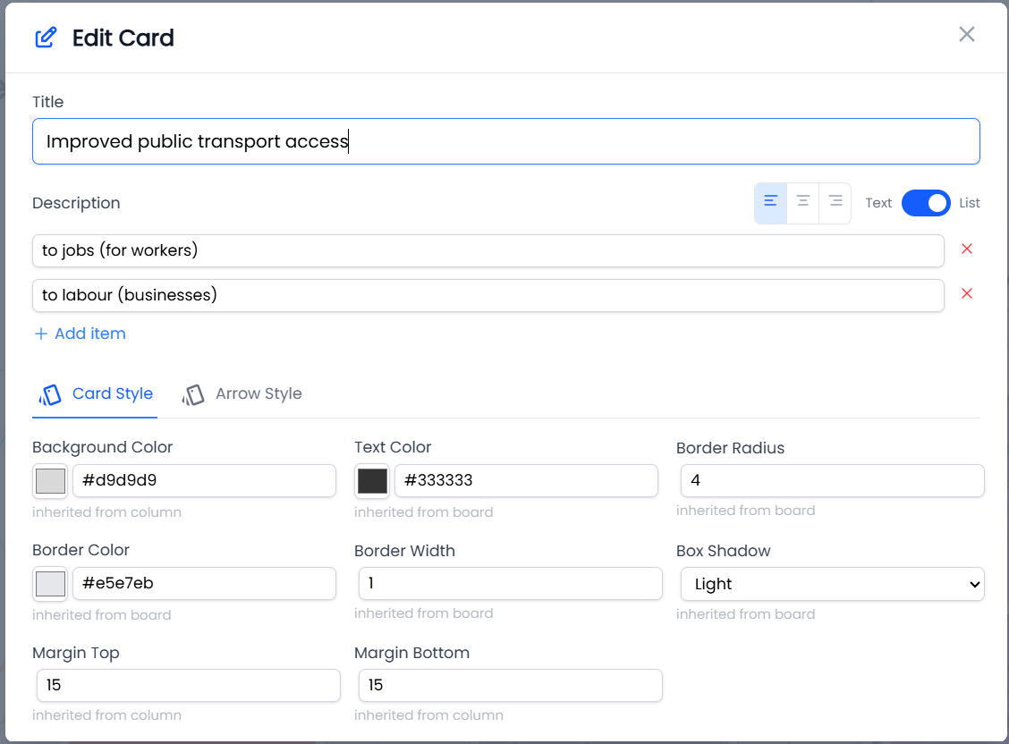 The box edit panel with heading, sub-text, colour and alignment fields