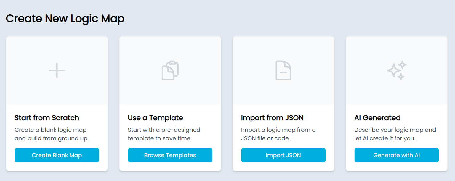 The Create page showing four cards: Blank, Template, AI generate, and Import JSON