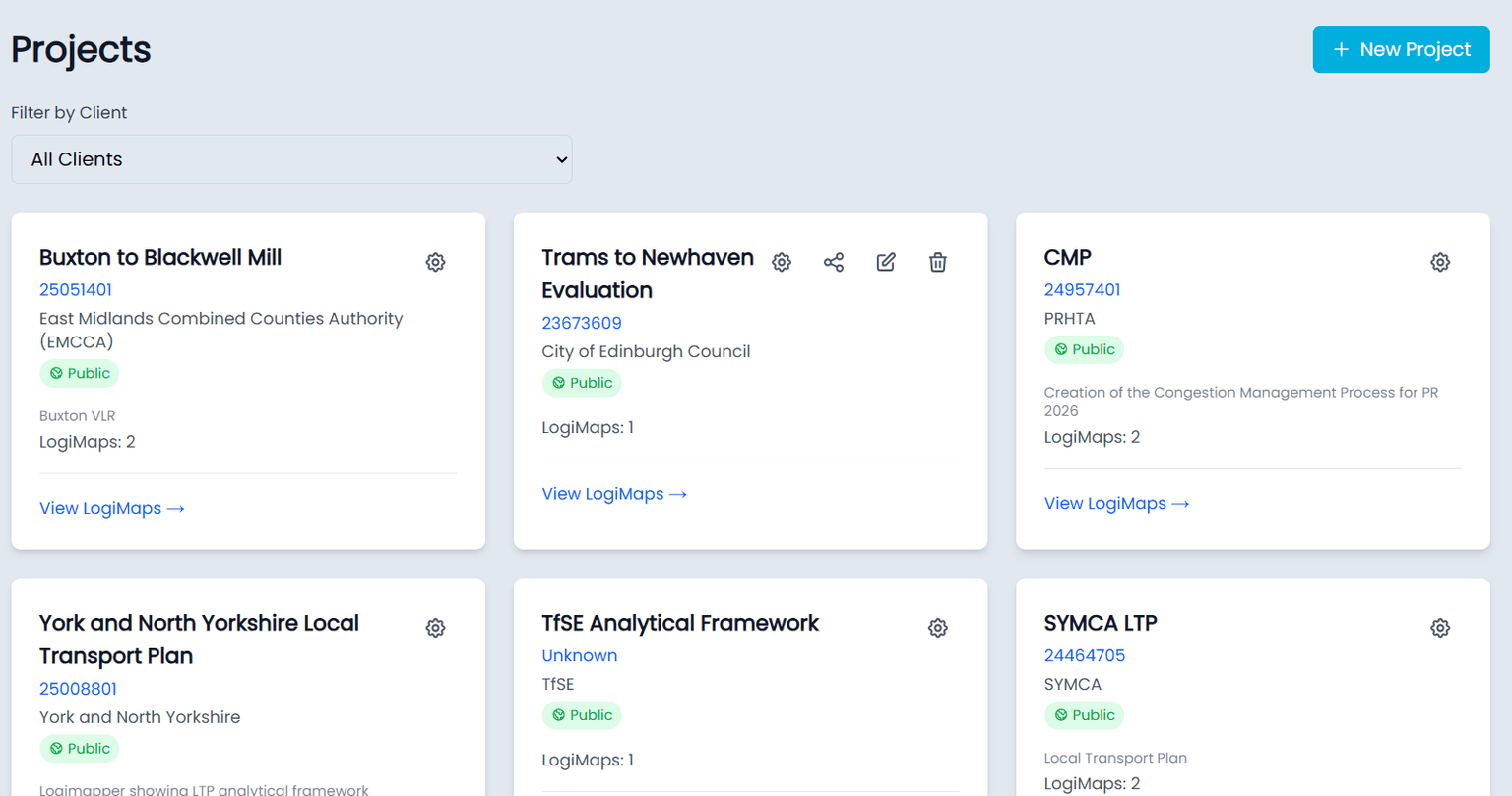 The Projects page showing several projects grouped by client